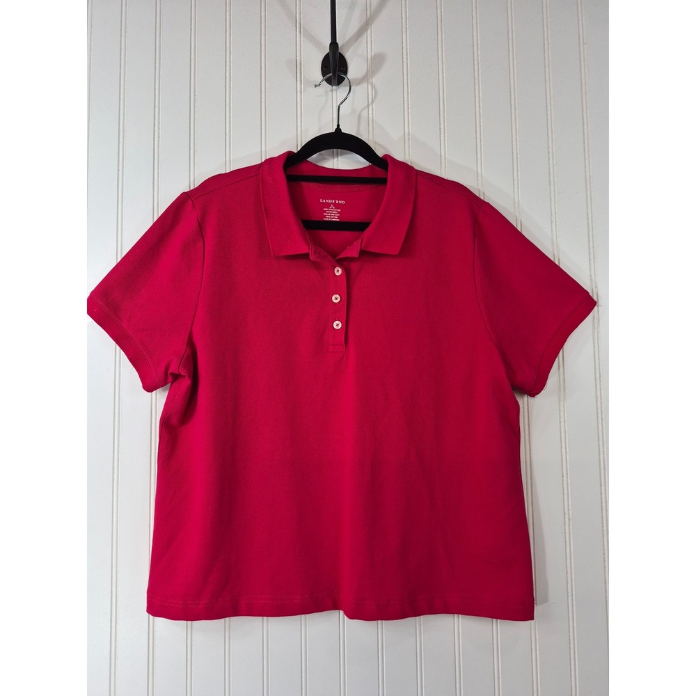 Lands End Womens Large Red Short Sleeve Pique Cotton Blend Polo Shirt 14-16
